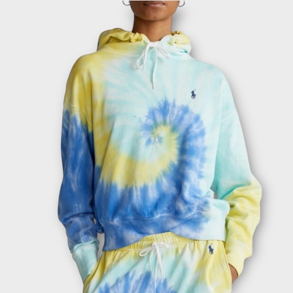 Ralph Lauren Spiral Tie Dye Terry Hoodie Cream Yellow Blue Size XS NWT